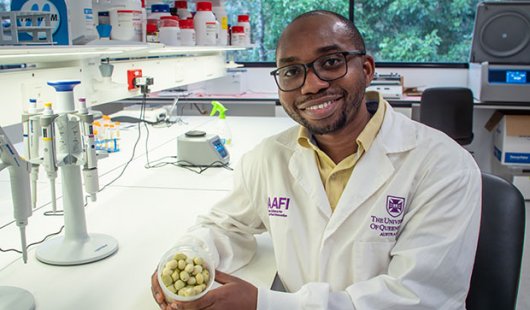 a man in a white lab coat sits at a bench holding a container of small round green fruit